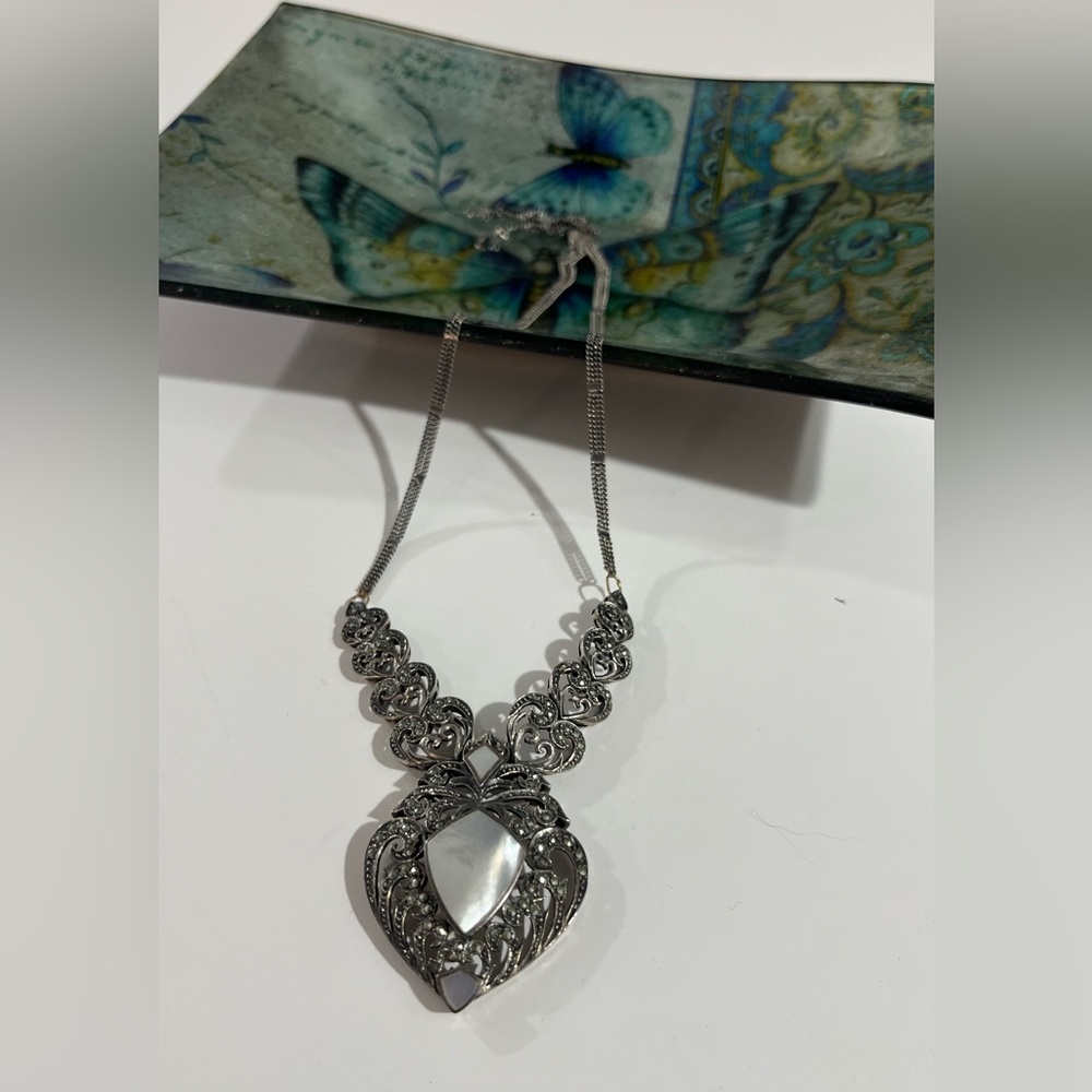 Mother of Pearl & Marcasite 925 SS Substantial Necklace 20”